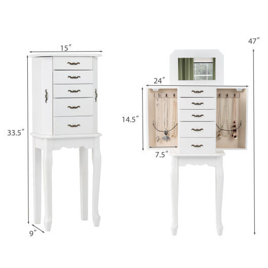 Standing Jewelry Box with 4 Drawers and 2 Side Doors-White - Color: White D681-JV13250WH