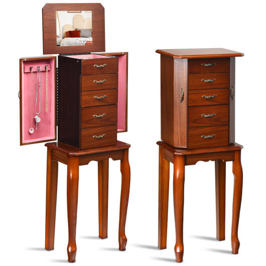 Large Storage Capacity Jewelry Cabinet with 5 Drawers - Color: Walnut D681-JV10555