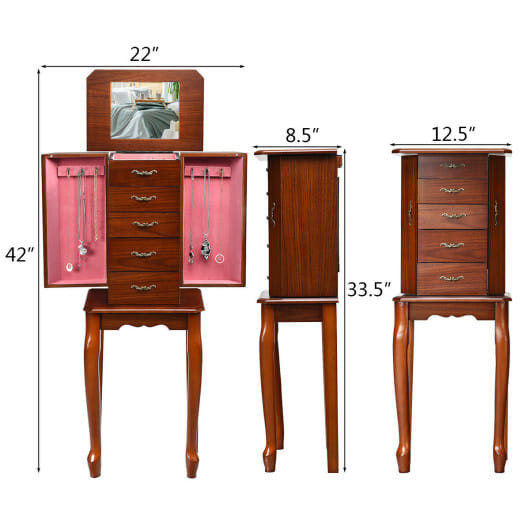 Large Storage Capacity Jewelry Cabinet with 5 Drawers - Color: Walnut D681-JV10555