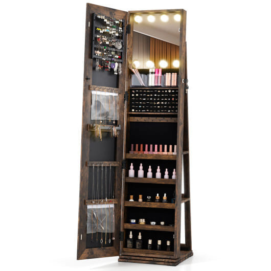 360?° Swivel Freestanding Jewelry Cabinet with Lighted Full Length Mirror-Rustic Brown - Color: Rus D681-JV12479US-FG