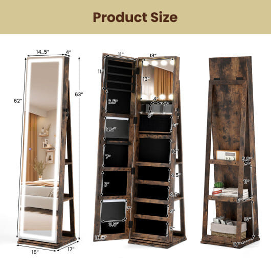 360?° Swivel Freestanding Jewelry Cabinet with Lighted Full Length Mirror-Rustic Brown - Color: Rus D681-JV12479US-FG