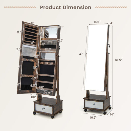 47 Inch Lockable Jewelry Cabinet Armoire with 3-Color LED Lights-Rustic Brown - Color: Rustic Brown D681-JV11233CF