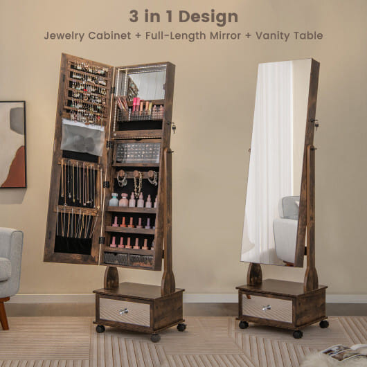 47 Inch Lockable Jewelry Cabinet Armoire with 3-Color LED Lights-Rustic Brown - Color: Rustic Brown D681-JV11233CF
