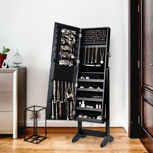 Jewelry Cabinet Stand Mirror Armoire with Large Storage Box-Black - Color: Black D681-HW65948BK