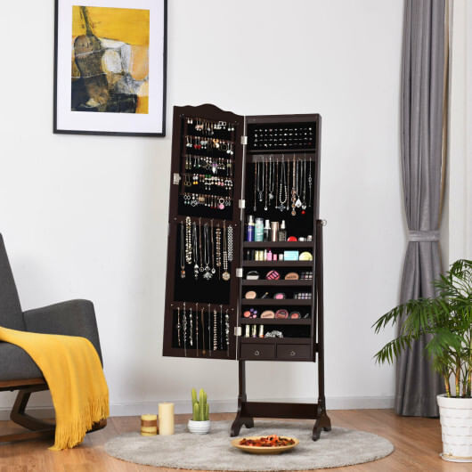 14 LED Jewelry Armoire Cabinet with Full Length Mirror and 4 Tilting Angles-Coffee - Color: Coffee D681-JV10771CF