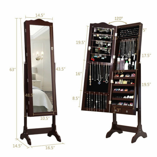 14 LED Jewelry Armoire Cabinet with Full Length Mirror and 4 Tilting Angles-Coffee - Color: Coffee D681-JV10771CF