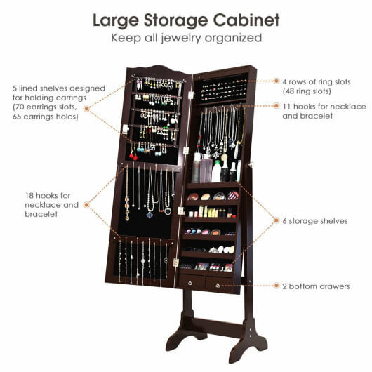 14 LED Jewelry Armoire Cabinet with Full Length Mirror and 4 Tilting Angles-Coffee - Color: Coffee D681-JV10771CF