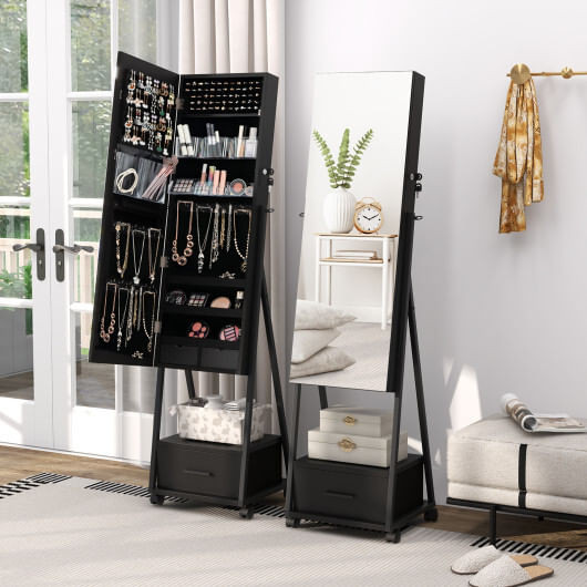 Jewelry Cabinet with Full-Length Mirror-Black - Color: Black D681-JV10221DK