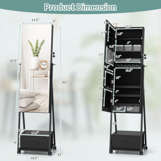 Jewelry Cabinet with Full-Length Mirror-Black - Color: Black D681-JV10221DK