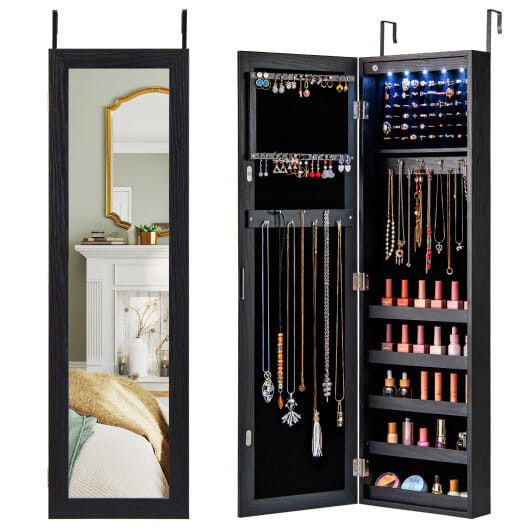 Wall or Door Mounted Jewelry Cabinet with Full-Length Mirror and LED Lights-Black - Color: Black D681-JV13329BK