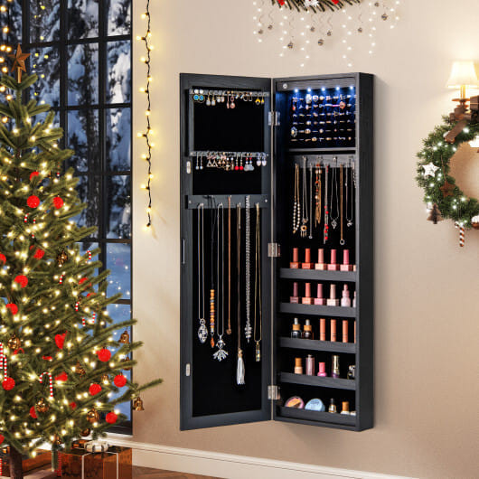 Wall or Door Mounted Jewelry Cabinet with Full-Length Mirror and LED Lights-Black - Color: Black D681-JV13329BK