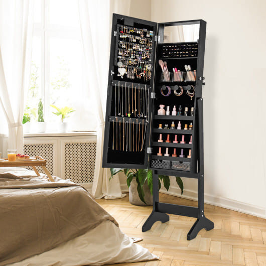 Mirror Jewelry Cabinet with 20 Warm Lights and 4 Tilt Angles-Black - Color: Black D681-JV12034BK
