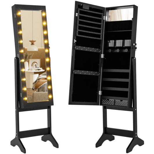 Mirror Jewelry Cabinet with 20 Warm Lights and 4 Tilt Angles-Black - Color: Black D681-JV12034BK