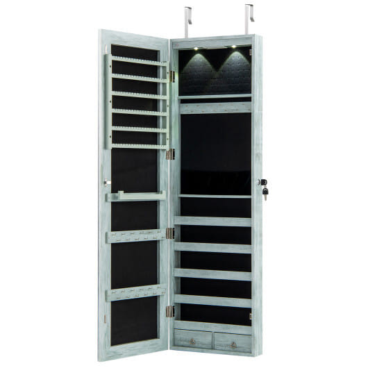 Wall and Door Mounted Mirrored Jewelry Cabinet with Lights-Navy - Color: Navy D681-JV11889NY