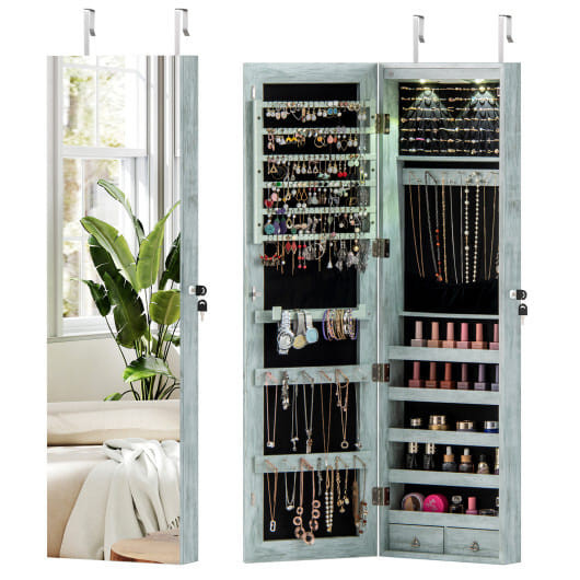 Wall and Door Mounted Mirrored Jewelry Cabinet with Lights-Navy - Color: Navy D681-JV11889NY