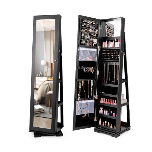 360?° Rotatable 2-in-1 Lockable Jewelry Cabinet with Full-Length Mirror-Black - Color: Black D681-HW64483DK