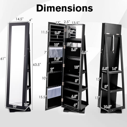360?° Rotatable 2-in-1 Lockable Jewelry Cabinet with Full-Length Mirror-Black - Color: Black D681-HW64483DK