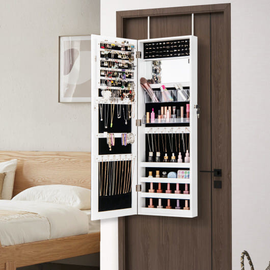 43.5 Inch Jewelry Mirror Cabinet with Full-length Mirror and Adjustable Hangers-White - Color: White D681-JV12035WH