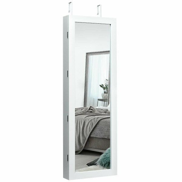 Lockable Wall Mount Mirrored Jewelry Cabinet with LED Lights-White - Color: White D681-HW54403WH