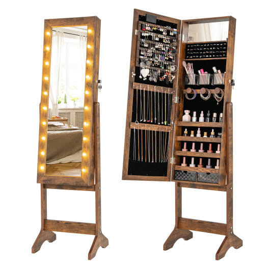 Mirror Jewelry Cabinet with 20 Warm Lights and 4 Tilt Angles-Rustic Brown - Color: Rustic Brown D681-JV12034FG
