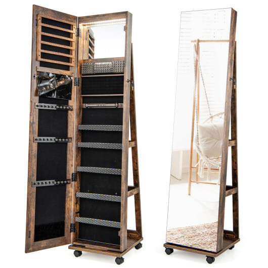 64 Inches Lockable Jewelry Cabinet Armoire with Built-in Makeup Mirror-Coffee - Color: Coffee D681-JV11245CF