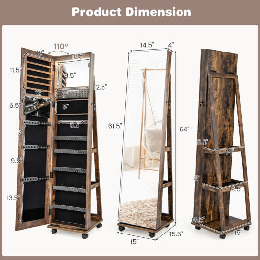 64 Inches Lockable Jewelry Cabinet Armoire with Built-in Makeup Mirror-Coffee - Color: Coffee D681-JV11245CF