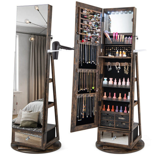 Lockable 360?° Swivel Jewelry Cabinet with Full-Length Mirror LED Lights-Rustic Brown - Color: Rust D681-JV11195CF