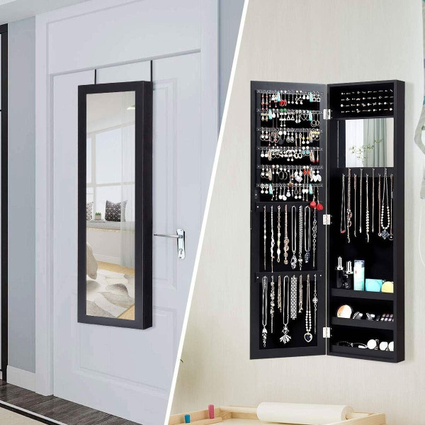 2-in-1 Black Wall or Door Mounted Jewelry Organizer Full Length Mirror Q280-BLARJWST849428563