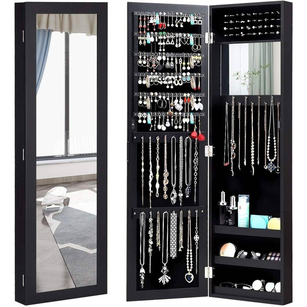 2-in-1 Black Wall or Door Mounted Jewelry Organizer Full Length Mirror Q280-BLARJWST849428563