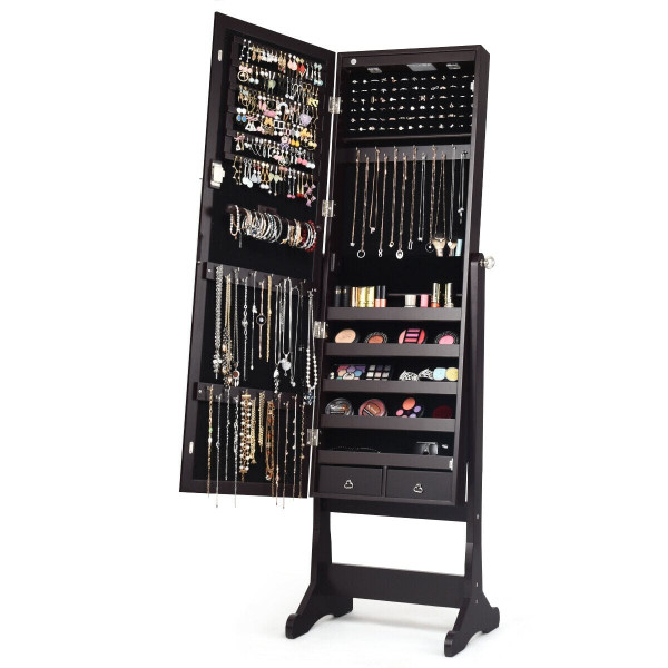 Lockable Mirrored Jewelry Cabinet with Stand and Led Lights-Brown - Color: Brown D681-HW65935BN