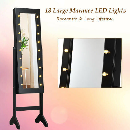 Mirrored Jewelry Cabinet Armoire Organizer w/ LED lights-Black - Color: Black D681-JV10080BK