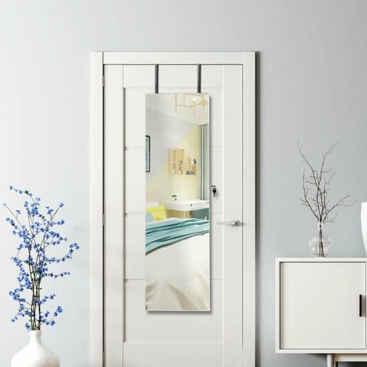 Wall and Door Mounted Mirrored Jewelry Cabinet with Lights-White - Color: White D681-HW59104WH