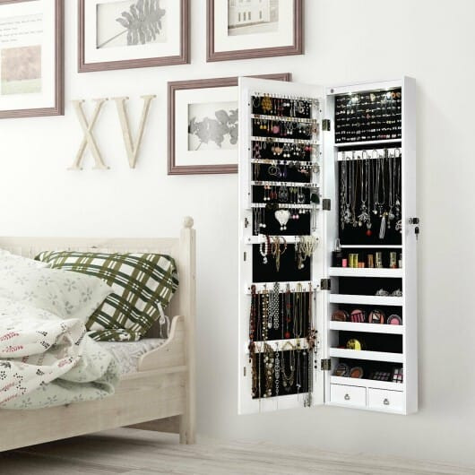 Wall and Door Mounted Mirrored Jewelry Cabinet with Lights-White - Color: White D681-HW59104WH