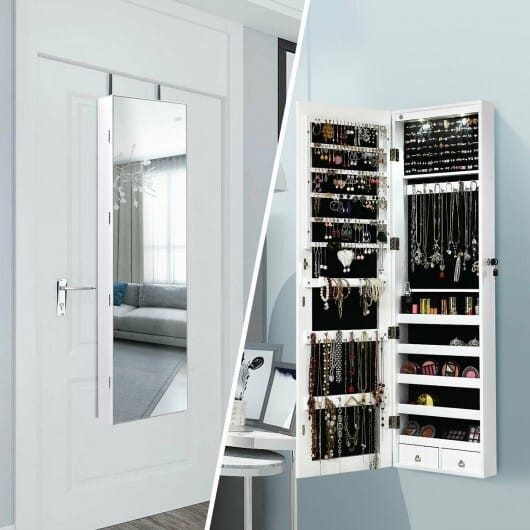 Wall and Door Mounted Mirrored Jewelry Cabinet with Lights-White - Color: White D681-HW59104WH