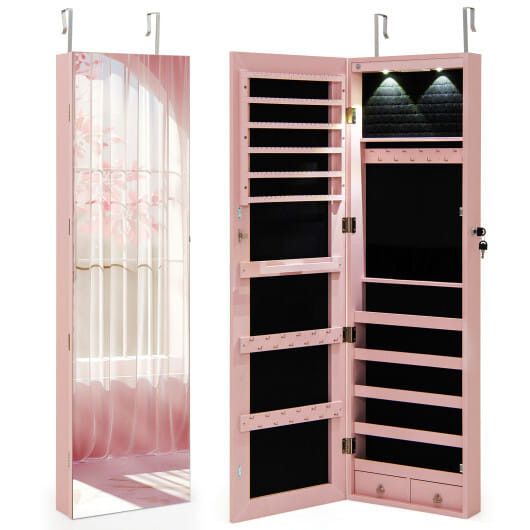 Wall and Door Mounted Mirrored Jewelry Cabinet with Lights-Pink - Color: Pink D681-JV11889PI