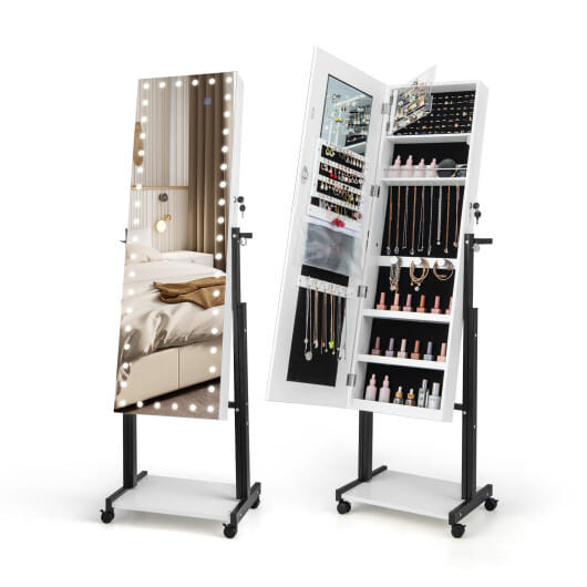 3-Color 46 LED Lights? Mirror Jewelry Cabinet Armoire Adjustable Height with Wheels-White - Color:  D681-JV11239WH