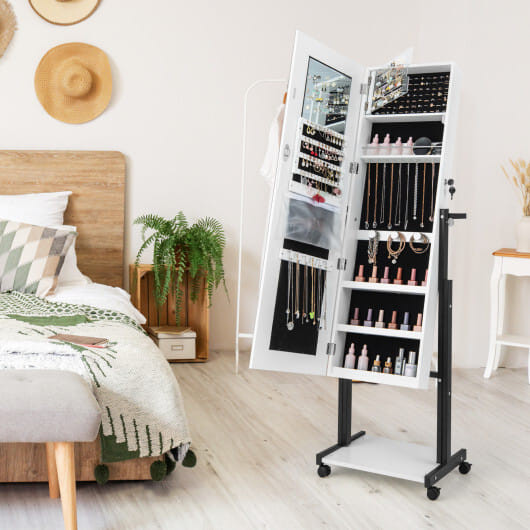 3-Color 46 LED Lights? Mirror Jewelry Cabinet Armoire Adjustable Height with Wheels-White - Color:  D681-JV11239WH