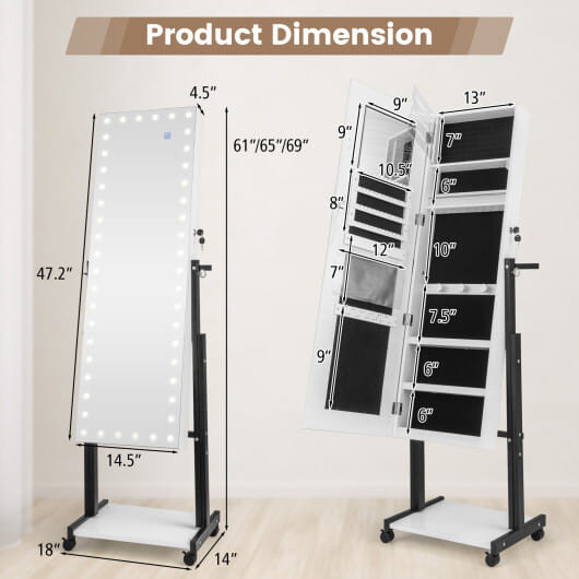 3-Color 46 LED Lights? Mirror Jewelry Cabinet Armoire Adjustable Height with Wheels-White - Color:  D681-JV11239WH
