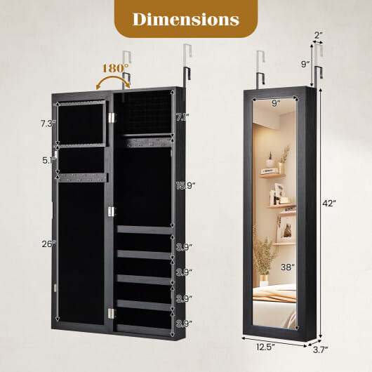 Jewelry Cabinet Wall or Door Mounted Jewelry Armoire with Full-Length Mirror-Black - Color: Black D681-JV13327BK