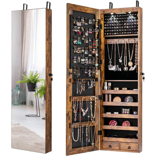 2-in-1 Door/Wall Mounted Jewelry Armoire Full Length Mirror in Brown Wood Finish Q280-GWDMJAB119546287923