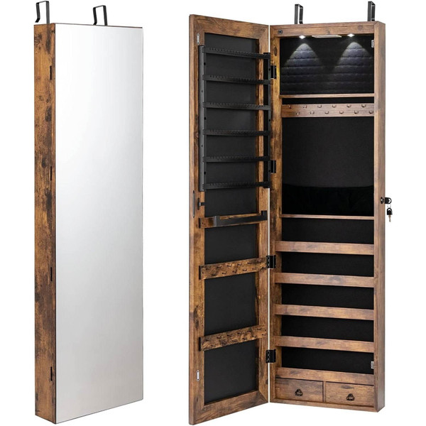 2-in-1 Door/Wall Mounted Jewelry Armoire Full Length Mirror in Brown Wood Finish Q280-GWDMJAB119546287923