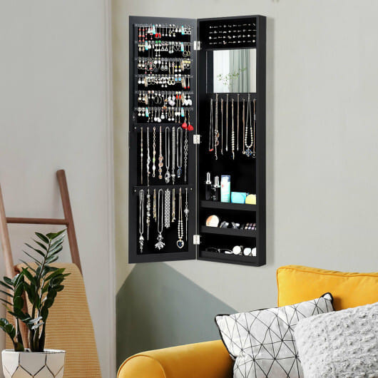 Full Length Mirror Jewelry Cabinet with Ring Slots and Necklace Hooks-Black - Color: Black D681-JV10821BK