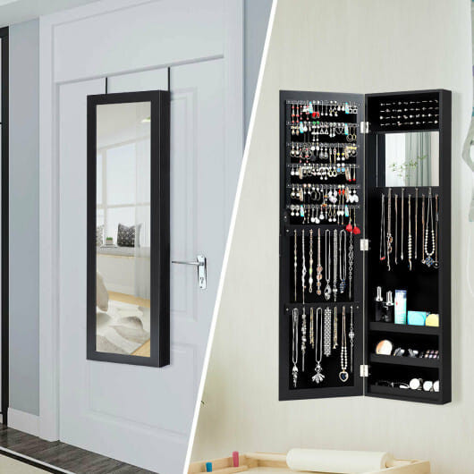 Full Length Mirror Jewelry Cabinet with Ring Slots and Necklace Hooks-Black - Color: Black D681-JV10821BK