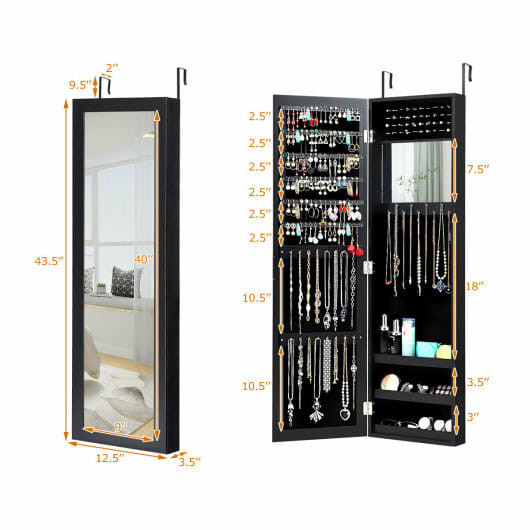 Full Length Mirror Jewelry Cabinet with Ring Slots and Necklace Hooks-Black - Color: Black D681-JV10821BK