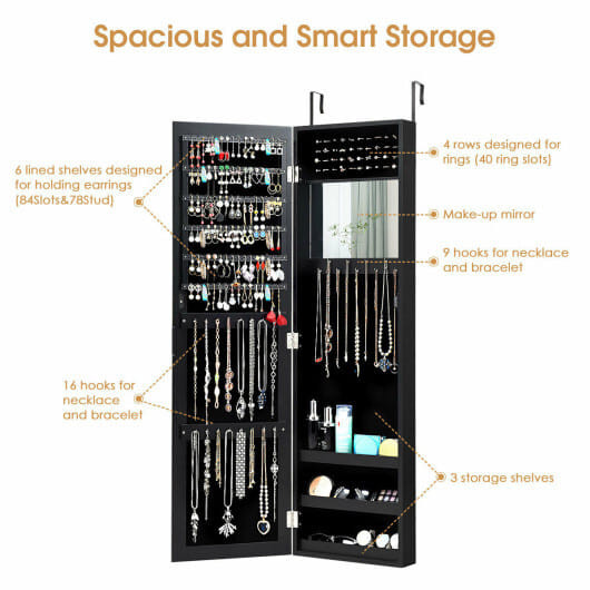 Full Length Mirror Jewelry Cabinet with Ring Slots and Necklace Hooks-Black - Color: Black D681-JV10821BK