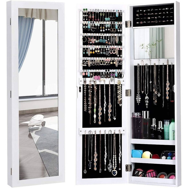 2-in-1 Wall or Door Mounted Jewelry Organizer Full Length Mirror in White Q280-WGTMJOCS792846215