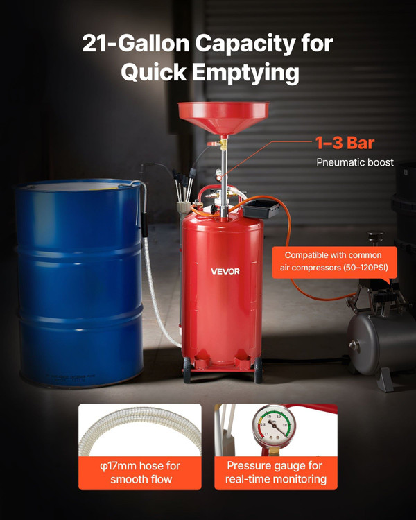 21 Gallon Waste Oil Drain Tank, Air Operated Portable Oil Drainer with Adjustable Funnel Height, In E415-QDCYJLSJS21G1OKH5001V0