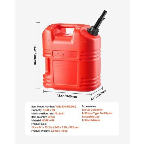 Fuel Container, 5 Gallon, Gas Tank with Spout & Clear Scale, 15 L/min Max Flow Rate, Secure & Leak- E415-SLBXSYXHS5GA17VP8001V0