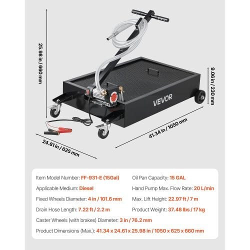 Low Profile Oil Drain Pan, 15 Gallon Capacity, Rolling Oil Drain Pan with Electric Pump & 7.2 ft Ho E415-DDQCPYPHS15GXFRN4001V9