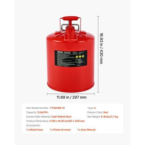 Safety Gas Can, 5 Gallon Type II Red Safety Can for Gasoline with Stainless Steel Flame Arrester, S E415-IIXAQGHSJS5J6X3JB001V0